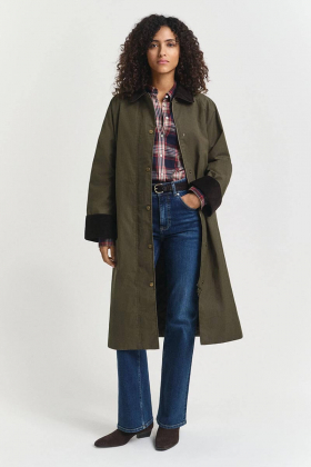 Waxed cotton relaxed car coat, Dark Moss Green