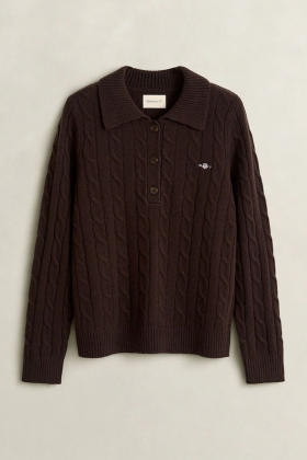 Lambswool cable knit rugger, Deep brown