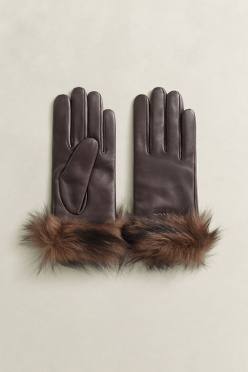 Shearling cuff leather gloves, Deep brown