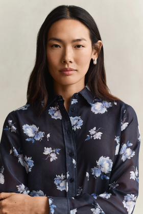 Reg floral print ctn silk ls shirt, Evening blue
