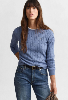 Stretch cotton cable C-neck, Faded Denim