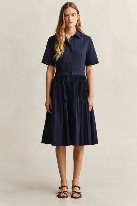 Pleated Cotton Shirt Dress, Evening blue