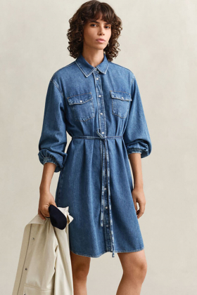 Denim volume sleeve shirt dress, Mid blue