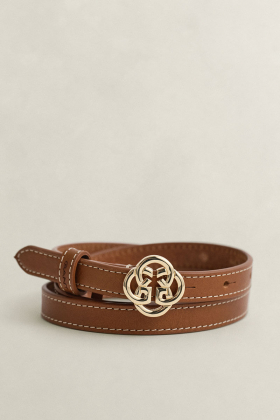 Monogram buckle slim leather belt, Cognac