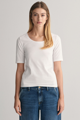 Slim Cot/Ela SS Scoop Neck Top, White