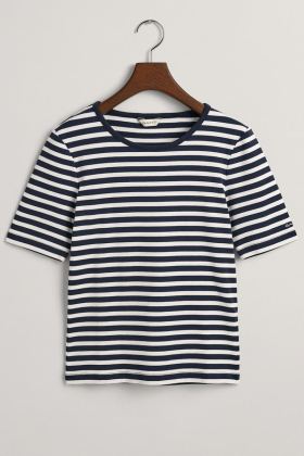 Slim Striped 1X1 Ribbed SS T-shirt, Evening Blue