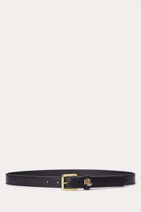 Logo-keeper leather skinny belt, Black