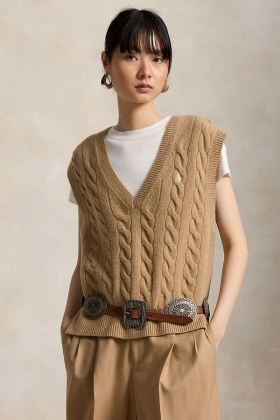 Cable-knit wool-cashmere sweater vest, Collection camel 