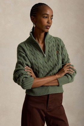 Cable-knit cotton quarter-zip sweater, Dense olive