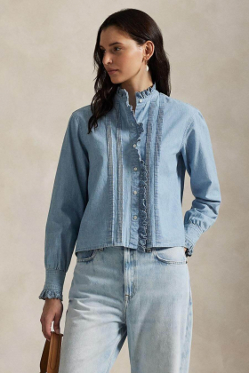 Ruffle trim chambray blouse, Chambray