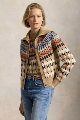 Geo-motif wool cashmere cardigan, Camel multi