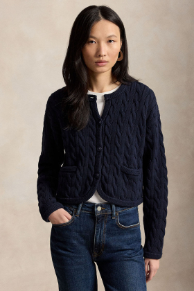 Cable knit cotton blend cardigan, Hunter navy