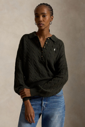 Cable wool-cashmere polo-collar sweater, Olive umber heather