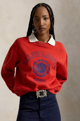 Crest polo-collar fleece crewneck, Very red