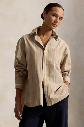 Oversize fit striped cotton shirt, Tan cream