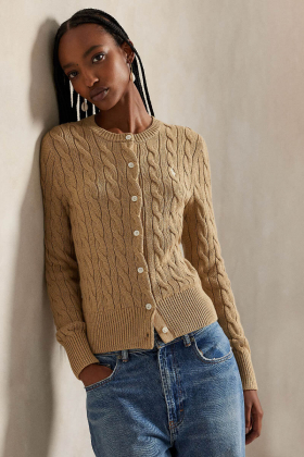 Cable-Knit Cotton Crewneck Cardigan, Vintage Khaki