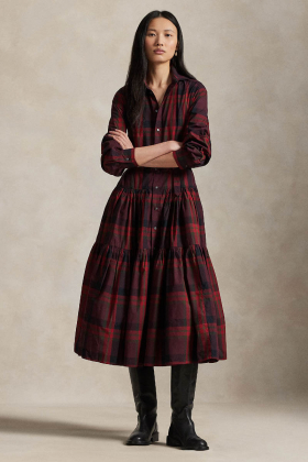 Plaid tiered shirtdress, Red multi plaid