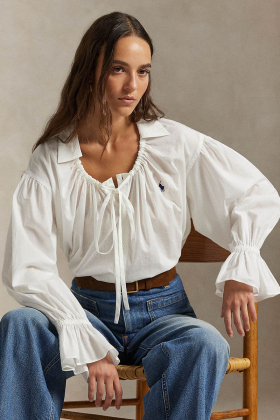Tie-neck cotton poplin top, White