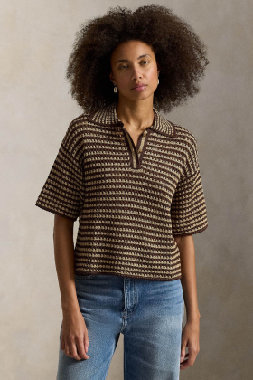 Striped Knit Cotton Polo Shirt, Chocolate Stripe