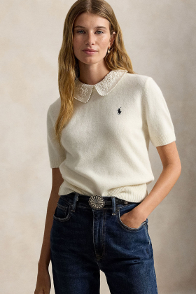 Lace-collar short-sleeve sweater, Authentic cream