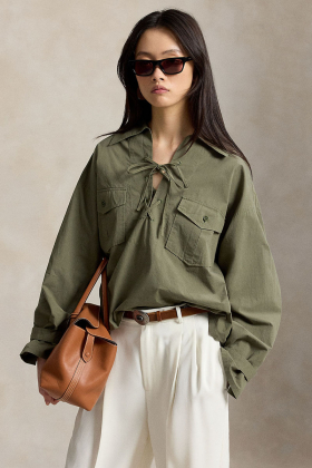 Lace-up cotton shirt, Olive