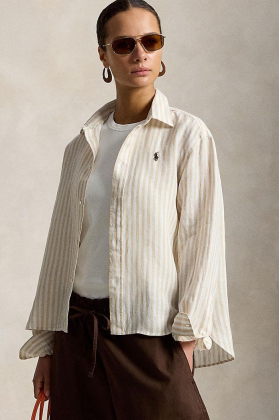 Wide cropped gingham linen shirt, Dune tan/white