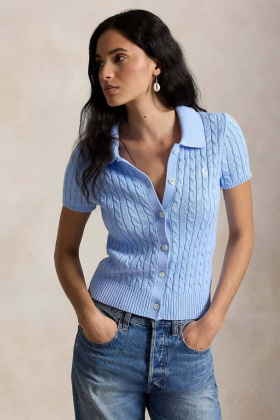 Cable cotton short-sleeve polo cardigan, Baby blue