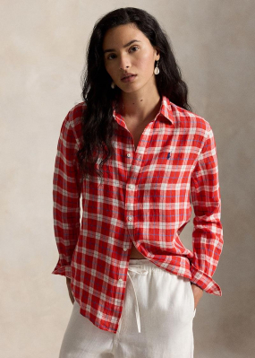 Classic fit plaid linen shirt, White/Red