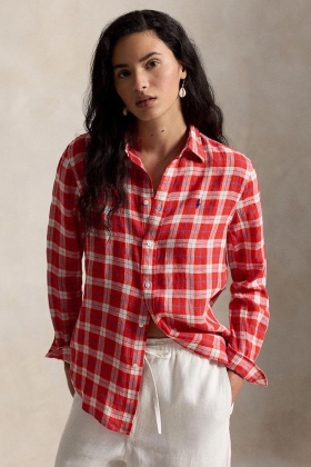 Classic fit plaid linen shirt, White/Red