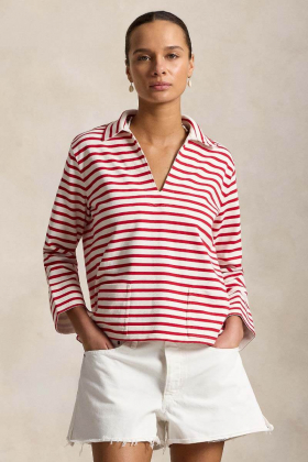 Striped split-placket mariner tee, Red/deckwash white