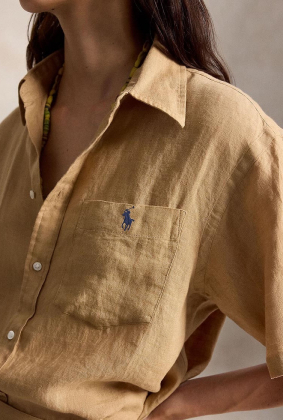 Oversize fit linen short-sleeve shirt, Classic camel