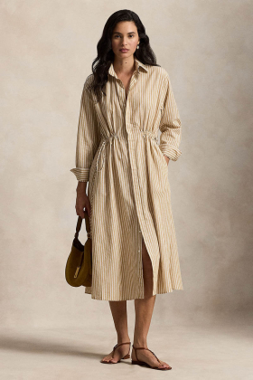 Striped cotton-linen drawcord shirtdress, Classic camel
