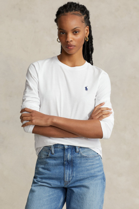 Long-Sleeve Jersey Crewneck Tee, White