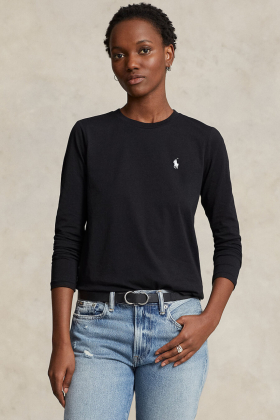 Long-Sleeve Jersey Crewneck Tee, Polo Black