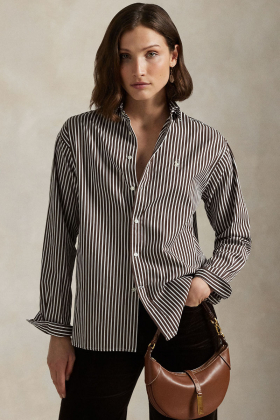 Relaxed Fit Striped Cotton Shirt, Brown & White