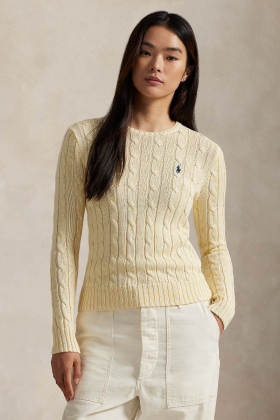 Cable-Knit Cotton Crewneck Sweater, Cream