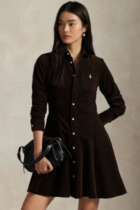 Cotton Corduroy A-line Shirtdress, Dark Beech