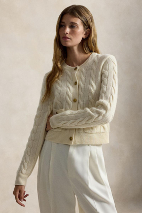 Cable Wool-Cashmere Cardigan, cream