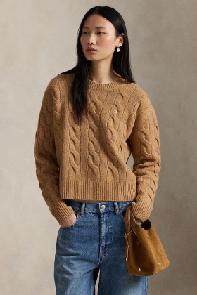 Cable knit wool-cashmere sweater, Collection camel melange