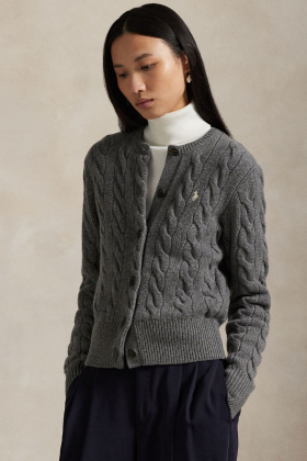 Cable-Knit Wool-Cashmere Cardigan, Flannel Grey Heather