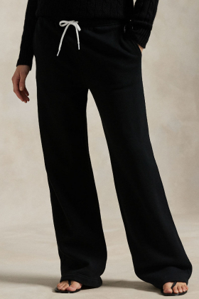 Drawstring Fleece Wide-Leg Sweatpants, Polo Black