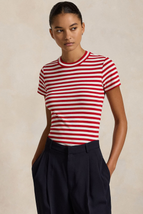 Striped Ribbed Cotton Crewneck Tee, Red & White