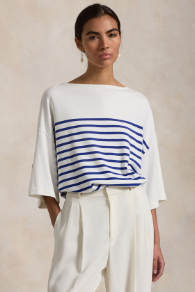 Striped Boatneck Mariner Tee, Brilliant Sapphire & Deckwash White