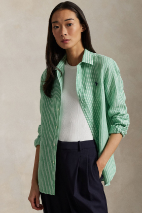 Classic Fit Striped Linen Shirt, Green & White