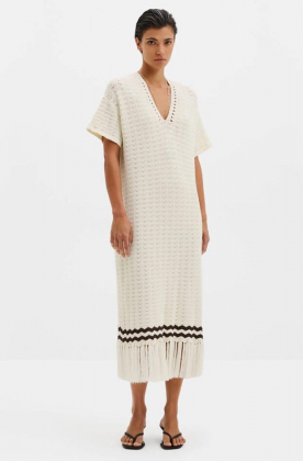 Kira Knitted Fringe Midi Dress , White