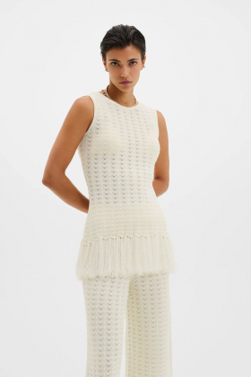 Amal Knitted Fringe Top, White