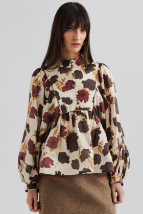 Pernilla High Neck Balloon Sleeve Blouse, Wine Peony