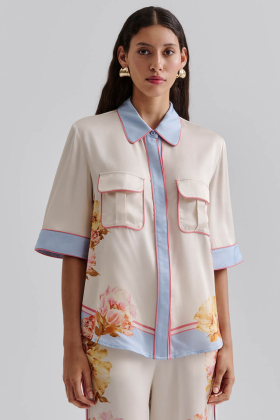 Pam Short Sleeve Satin Shirt, Cream Peony