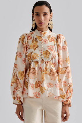 Pernilla High Neck Balloon Sleeve Blouse, Cream Peony
