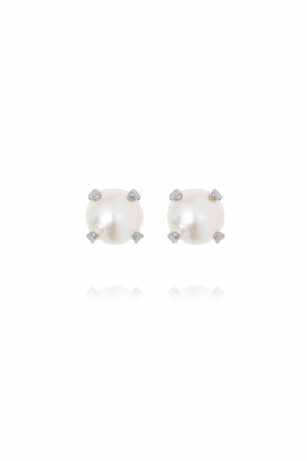 Mini Stud Earrings, Rhodium & Pearl